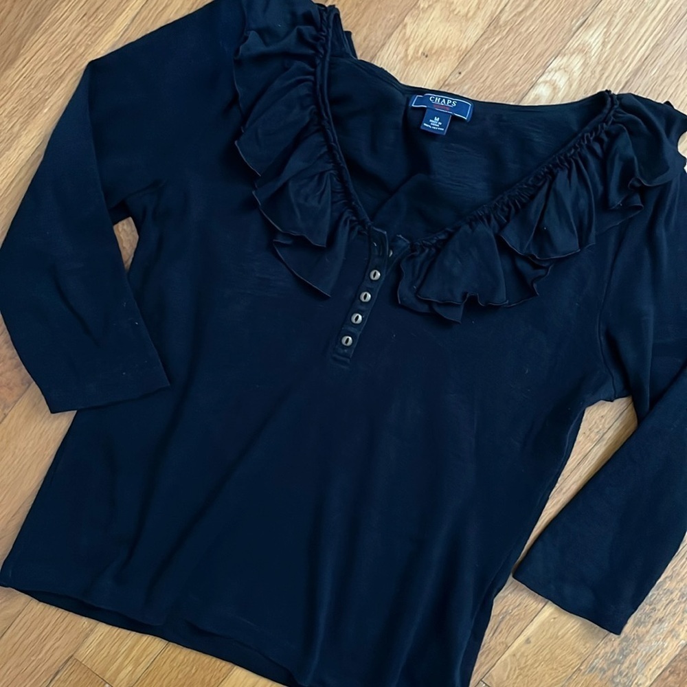 Chaps Y2K Style Black Ruffle Collar 3/4 Sleeve 100% Cotton Knit T-Shirt Blouse - Picture 11 of 11